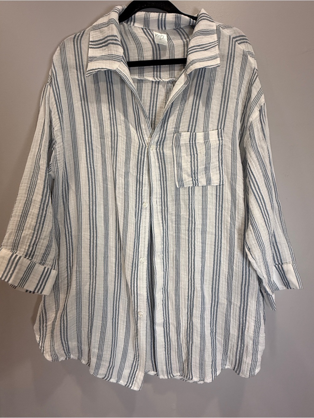 Kona Sol White and Blue Striped Swim Coverup Shirt